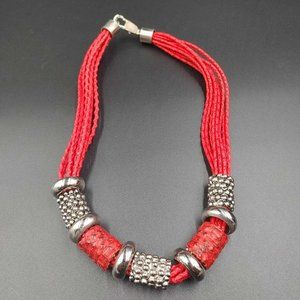 Vintage Wilma Spagli Italy Red Multi Stranded Leather Faux Snake Skin Necklace